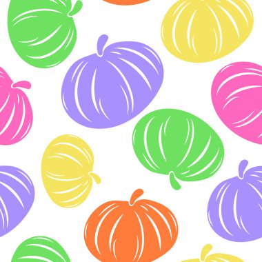 Sonbahar tasarım elementleri için, yuvarlak balkabaklarından oluşan parlak basit vektör simgeleriyle kusursuz desen