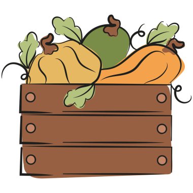 Ahşap bir kutunun simgesi, çeşitli şekillerde balkabakları, çizim stili yapraklar ve arkadaki renkli noktalar, sonbahar tasarımları, ambalaj veya tekstil için