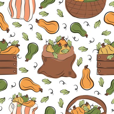 Güz tasarımları, ambalajlar veya tekstil ürünleri için eskiz tarzı yapraklar ve renkli noktalar içeren bir kutu dolusu balkabağı şekilli kusursuz desenler.