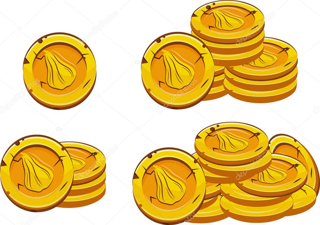 Set of vector yellow coins presented individually and in stacks of different sizes with autumn long pumpkin design, for mobile games, virtual currency or casino