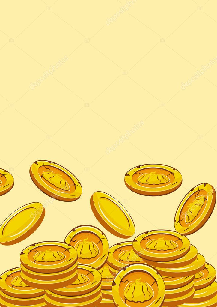 Poster with vector yellow coins presented individually and in stacks of different sizes with autumn design of round pumpkin on yellow background, for mobile games, virtual currency or casino