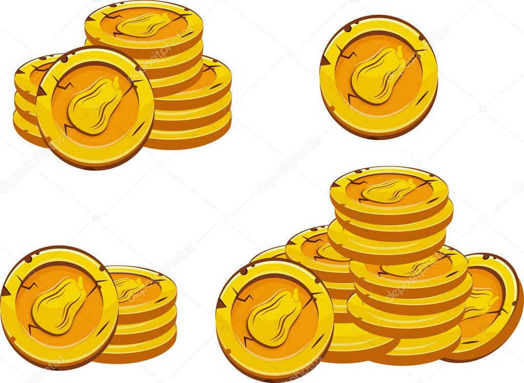 Set of vector yellow coins presented individually and in stacks of different sizes with autumn design of oval pumpkin, for mobile games, virtual currency, casino and holiday designs