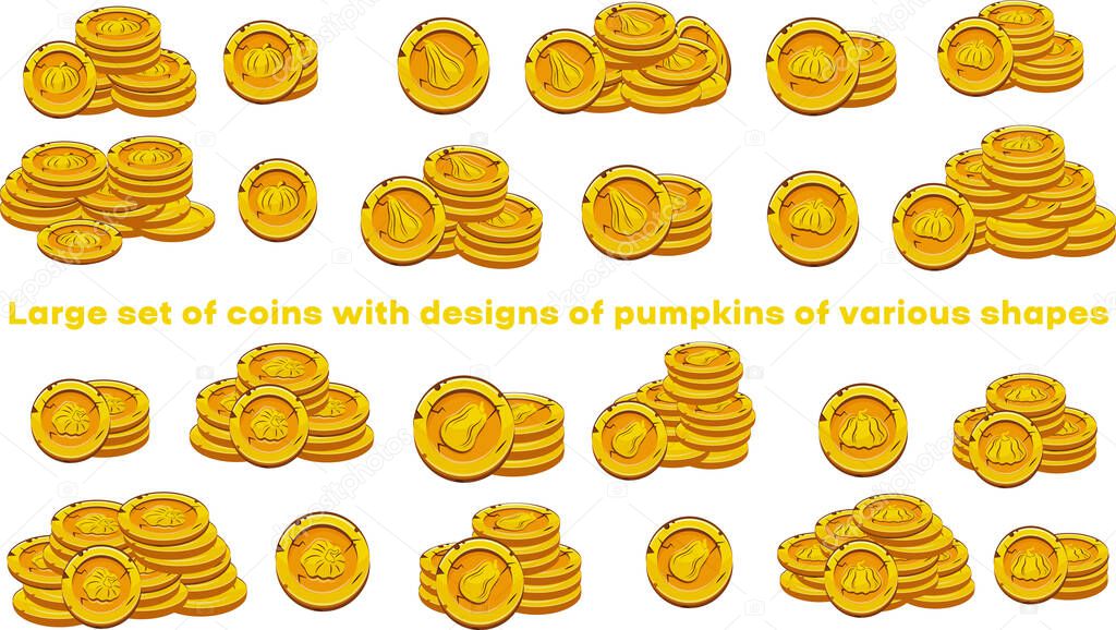 Large set of vector yellow coins with autumn design with pumpkins of various shapes presented separately on a yellow background, for games, applications and casino tokens