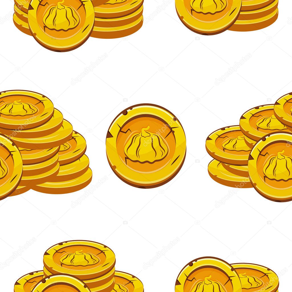 Pattern with vector yellow coins presented individually and in stacks of different sizes with autumn design of round pumpkin, for mobile games, virtual currency or casino