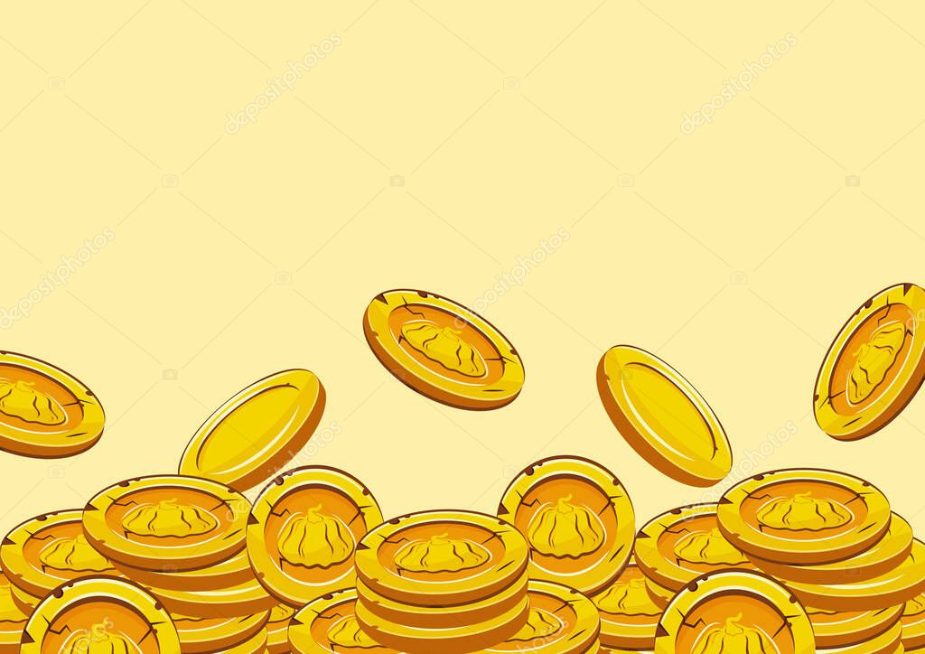 Horizontal poster with vector yellow coins presented individually and in stacks of different sizes with autumn design of round pumpkin on yellow background, for mobile games, virtual currency or casino