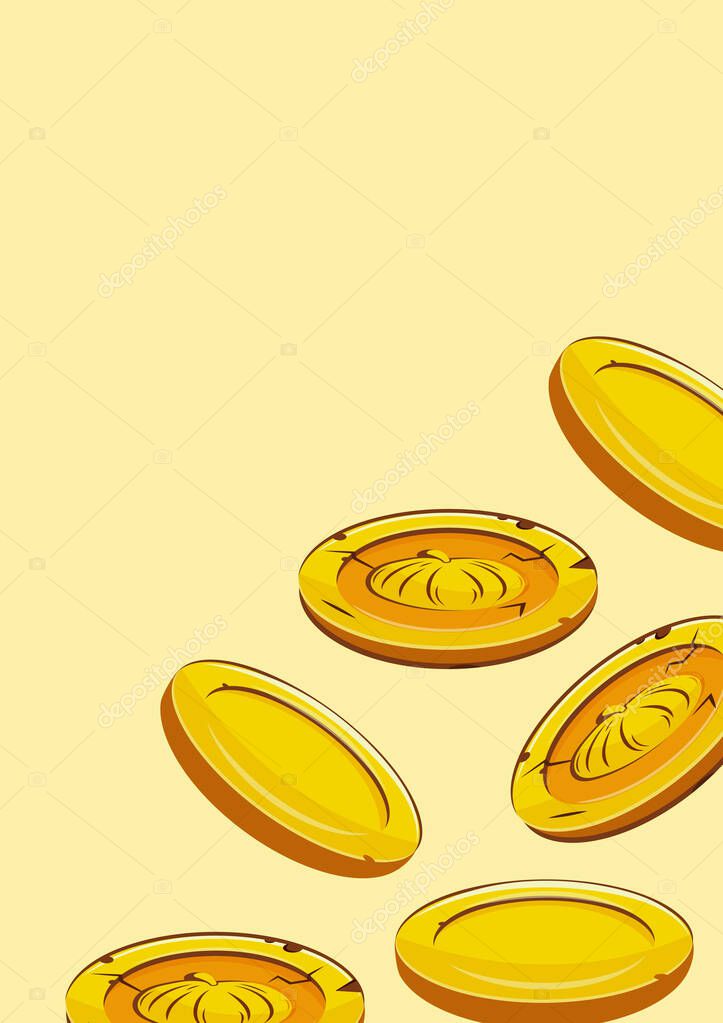 Poster with vector yellow coins with round pumpkins presented separately on a yellow background, for mobile games, virtual currency or casino