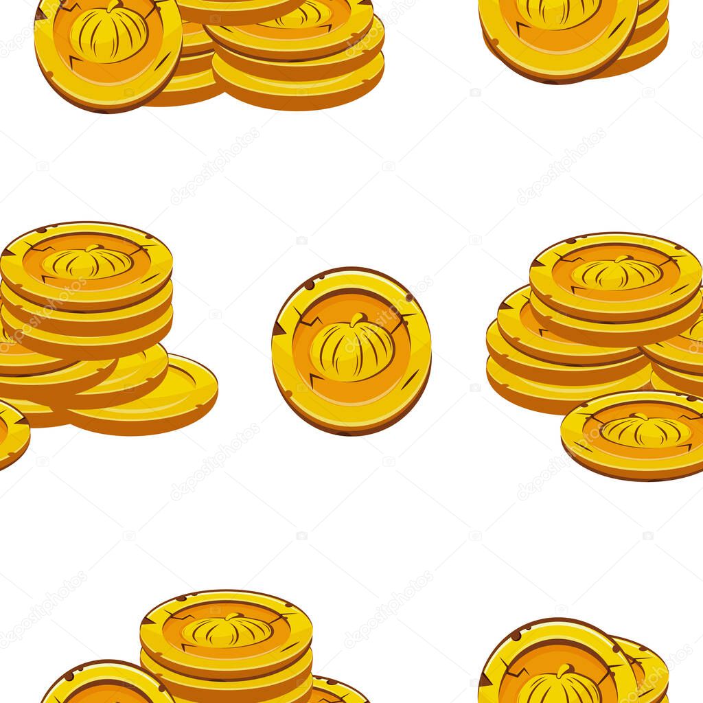Pattern with vector yellow coins with round pumpkins presented separately, for mobile games, virtual currency or casino