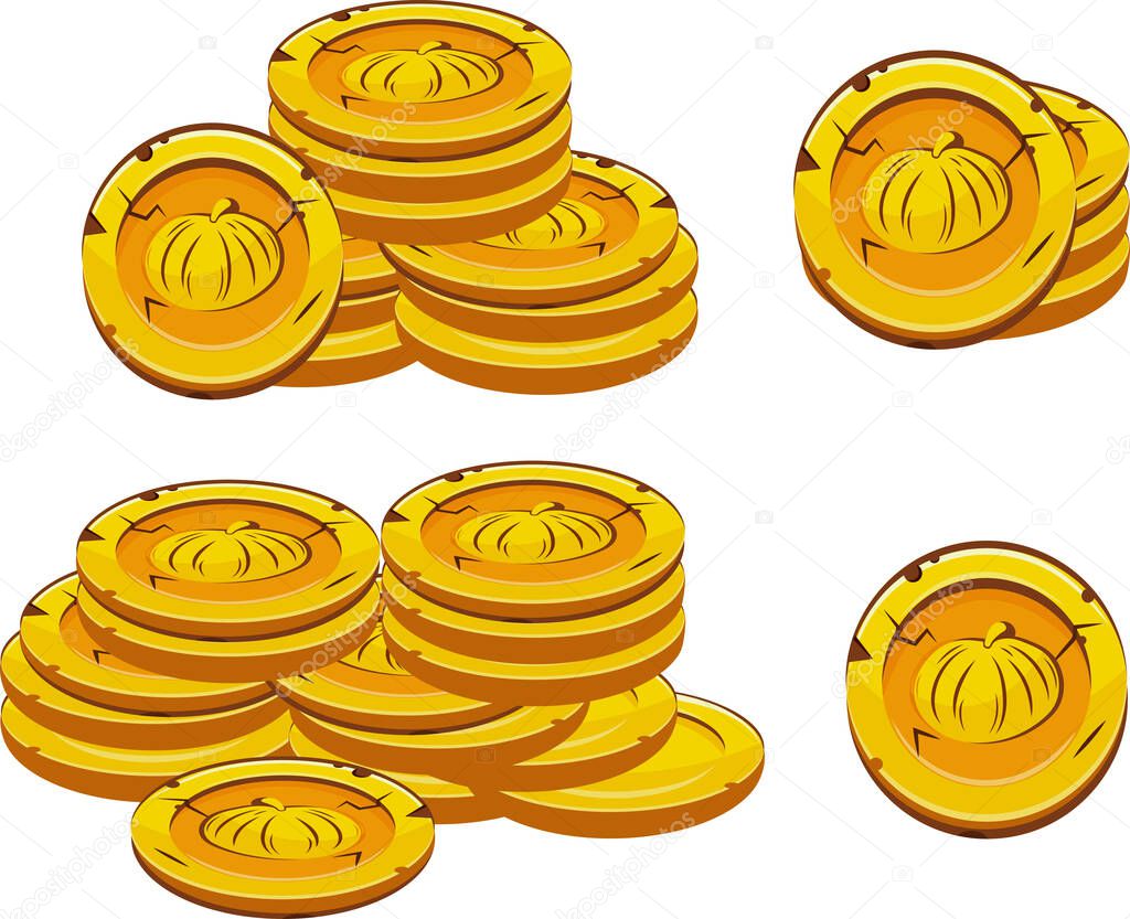 Set of vector yellow coins with round pumpkins presented separately, for mobile games, virtual currency or casino
