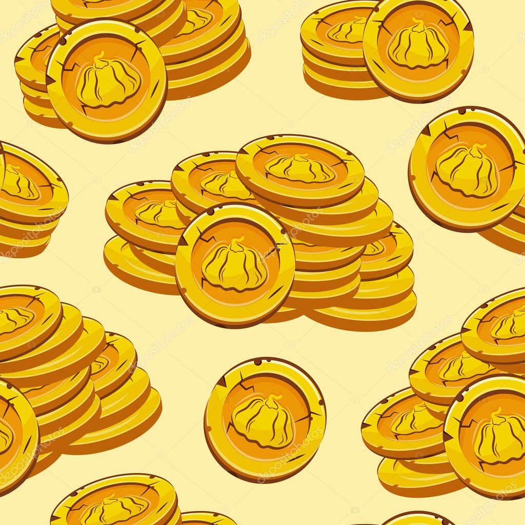Seamless pattern with vector yellow coins presented individually and in stacks of different sizes with autumn design of round pumpkin on yellow background, for mobile games, virtual currency or casino