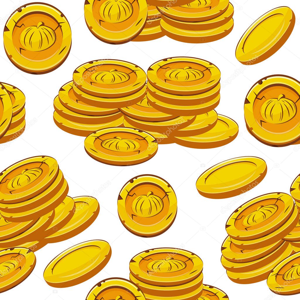 Seamless pattern with vector yellow coins with round shaped pumpkins presented separately, for mobile games, virtual currency or casino