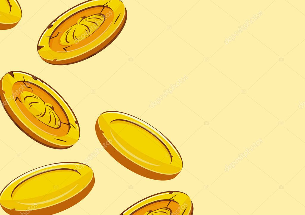 Horizontal poster with vector yellow coins with round shaped pumpkins presented separately on yellow background, for mobile games, virtual currency or casino