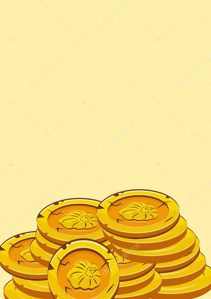 Poster with vector yellow coins with autumn design with deformed pumpkins presented separately on yellow background
