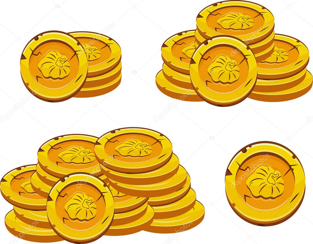 Set of vector yellow coins with autumn design with deformed pumpkins presented separately, for mobile games, virtual currency or casino