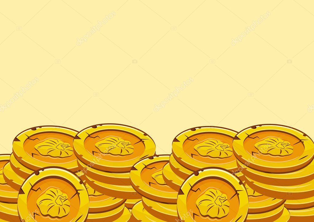 Horizontal poster with vector yellow coins with autumn design with deformed pumpkins presented separately on yellow background