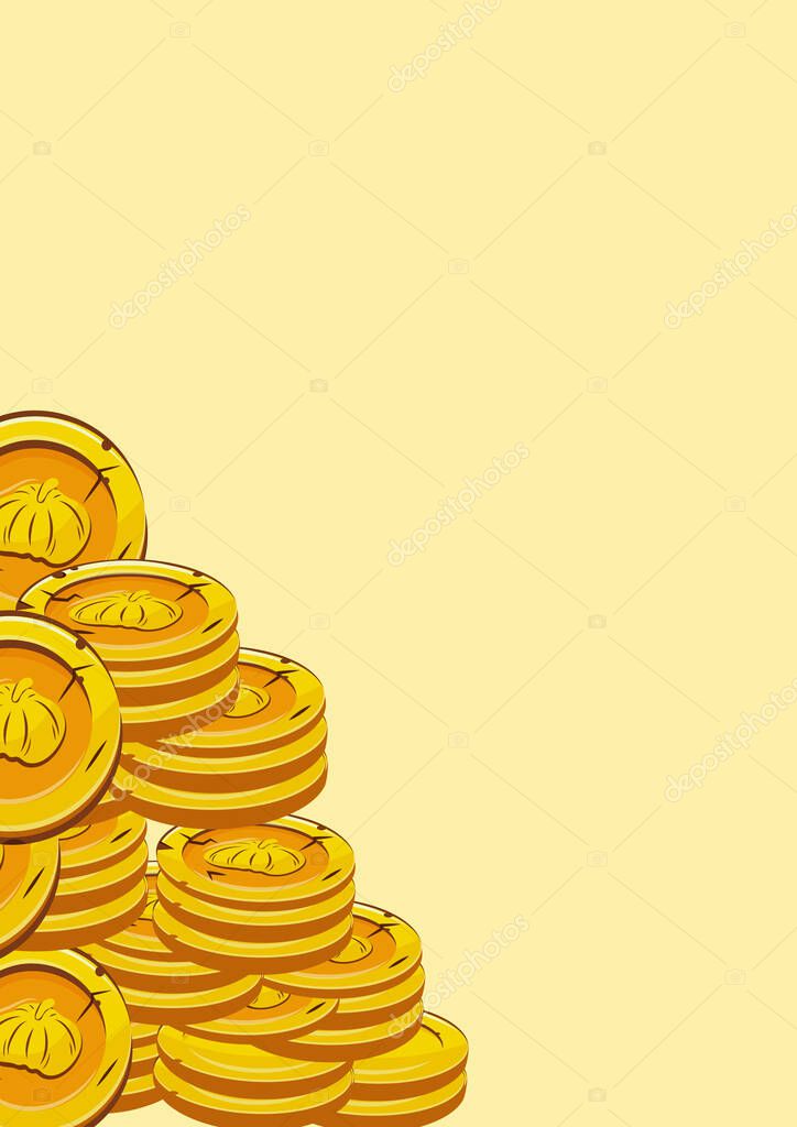 Poster with vector yellow coins presented individually and in stacks of different sizes with round pumpkins on a yellow background, for mobile games, virtual currency or casino
