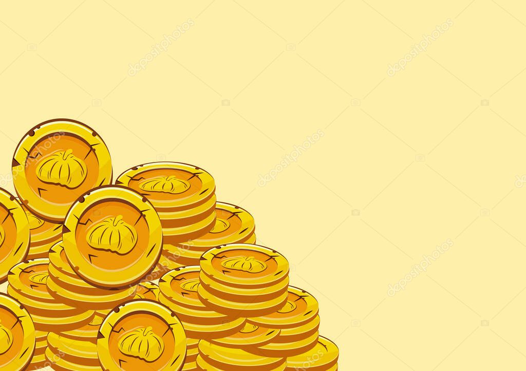 Horizontal poster with vector yellow coins presented individually and in stacks of different sizes with round pumpkins on a yellow background