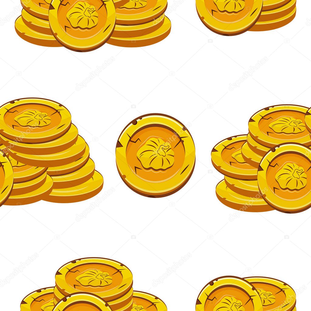 Pattern with vector yellow coins with autumn design with deformed pumpkins presented separately, for mobile games, virtual currency or casino