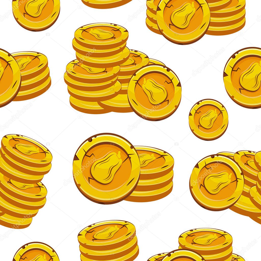 Seamless pattern with vector yellow coins presented individually and in stacks of different sizes with autumn design of oval pumpkin, for mobile games, virtual currency or casino