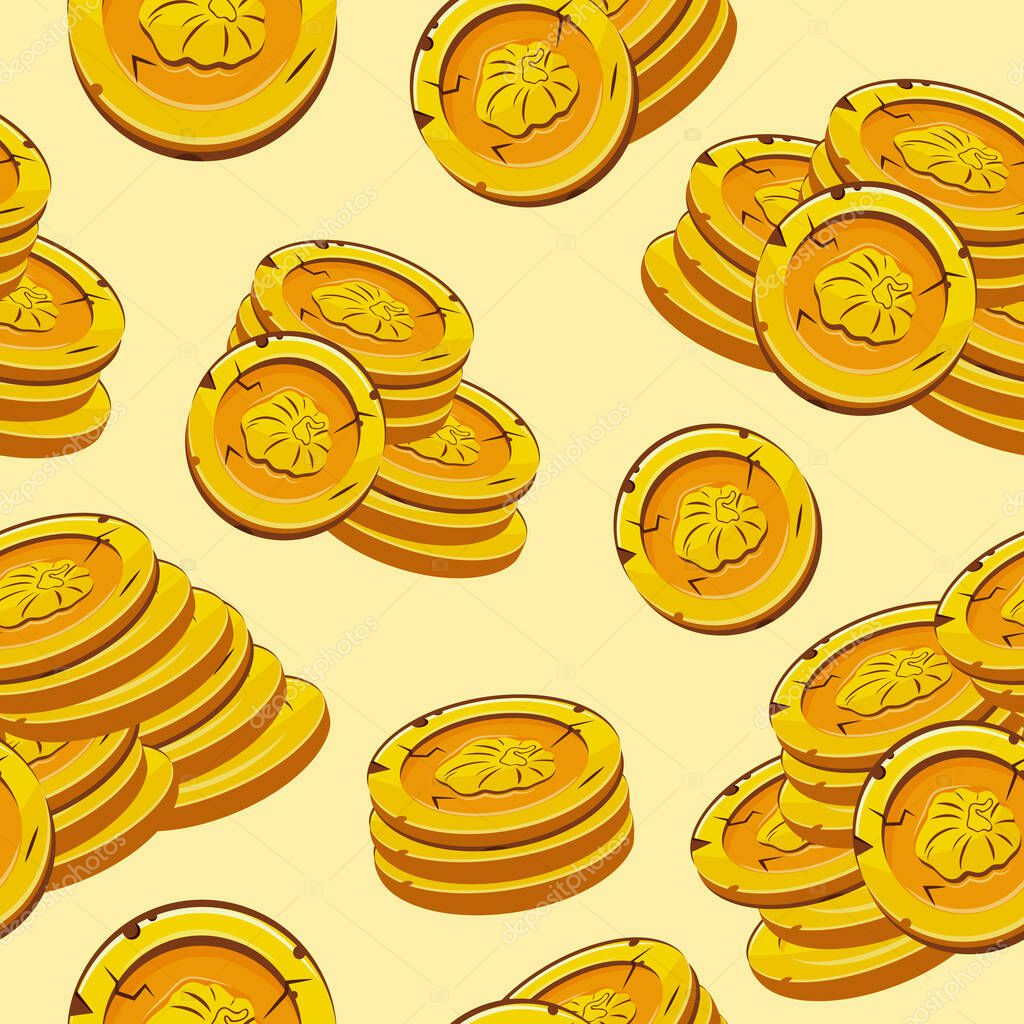 Seamless pattern with vector yellow coins with autumn design with deformed pumpkins presented separately on yellow background