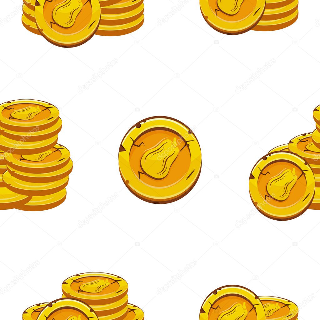 Pattern with vector yellow coins presented individually and in stacks of different sizes with autumn design of oval pumpkin, for mobile games, virtual currency or casino