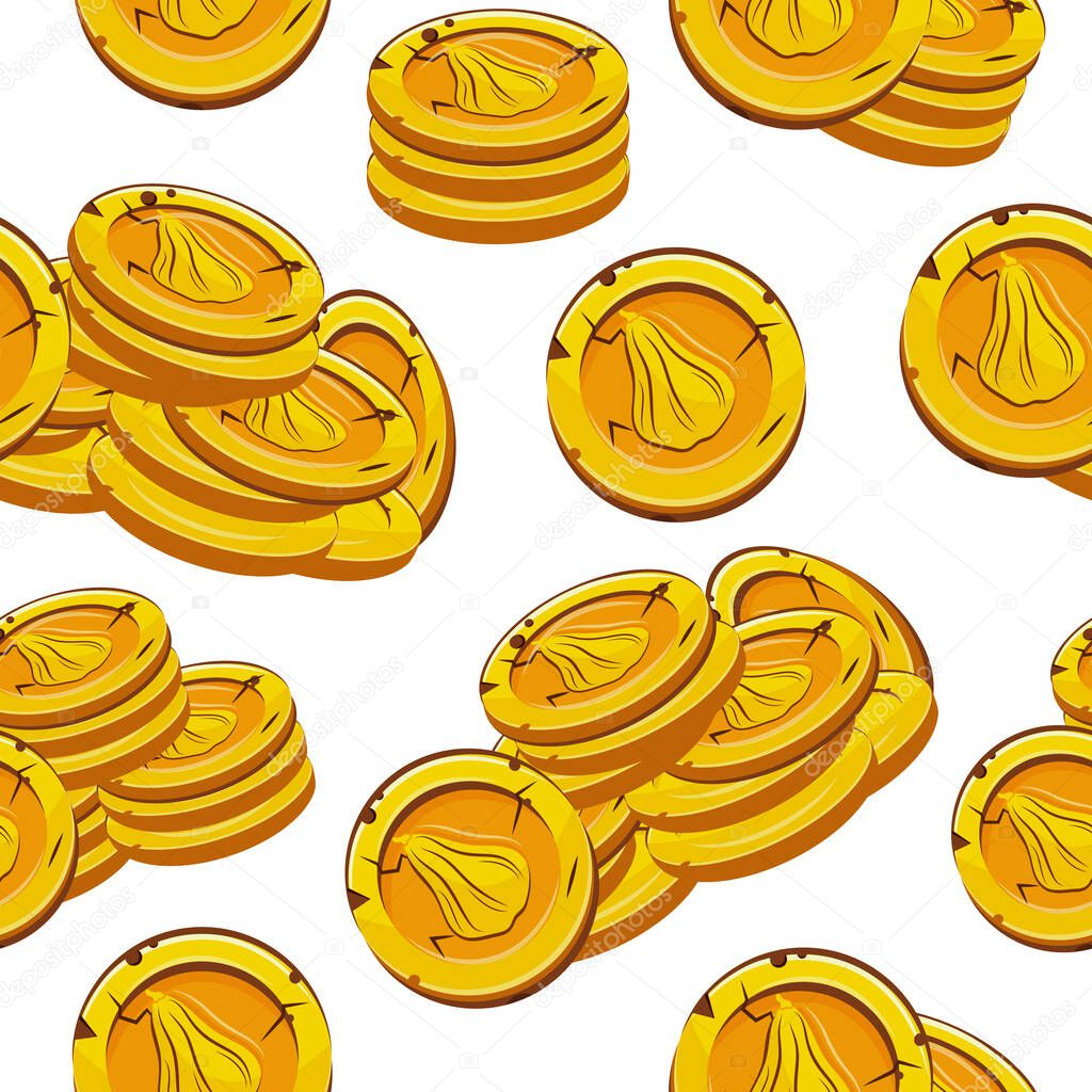 Seamless pattern with vector yellow coins presented individually and in stacks of different sizes with autumn long pumpkin design, for mobile games, virtual currency or casino