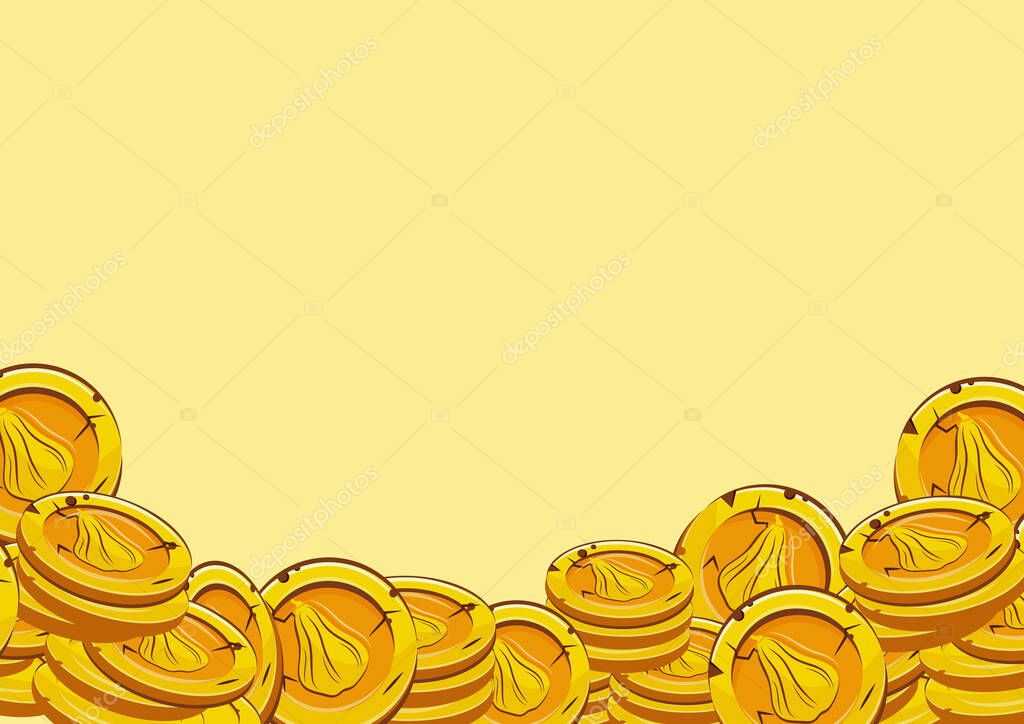 Horizontal poster with vector yellow coins presented individually and in stacks of different sizes with autumn design of long pumpkin shape on yellow background