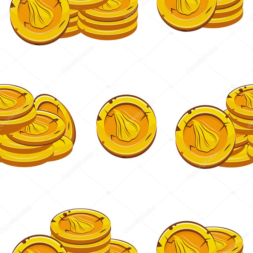 Pattern with vector yellow coins presented individually and in stacks of different sizes with autumn design of long pumpkin shape, for mobile games, virtual currency or casino
