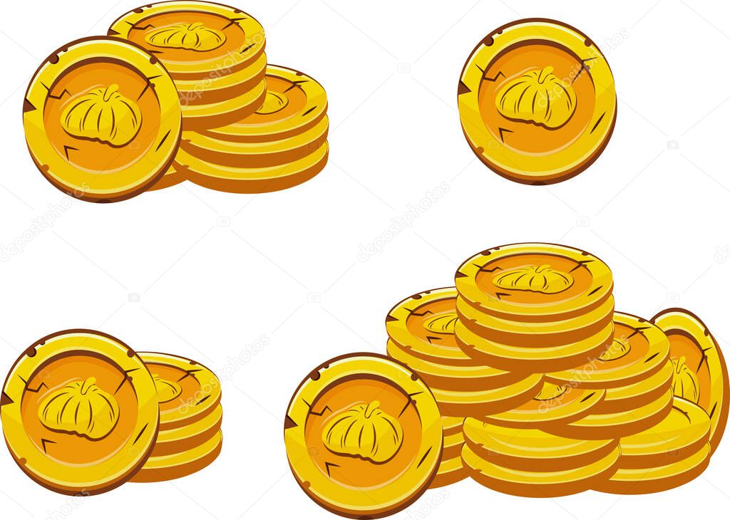 Set with vector yellow coins presented individually and in stacks of different sizes with round pumpkins, for mobile games, virtual currency or casino