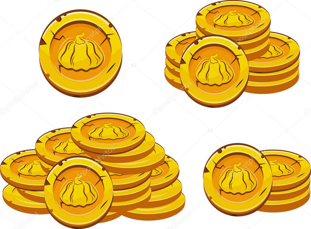 Set of vector yellow coins presented individually and in stacks of different sizes with autumn design of round pumpkin, for mobile games, virtual currency or casino