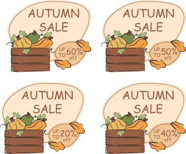 Kabak etiketlerinin vektör seti ahşap bir kutuda duruyor ve farklı indirimlerle. Mevsimlik sonbahar indirimleri için mağaza vitrinleri veya diğer mağazalar için