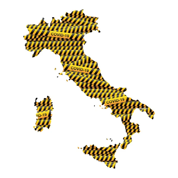 警告コロナウイルス黄色と黒の縞で満たされたイタリアの地図 — ストックベクタ