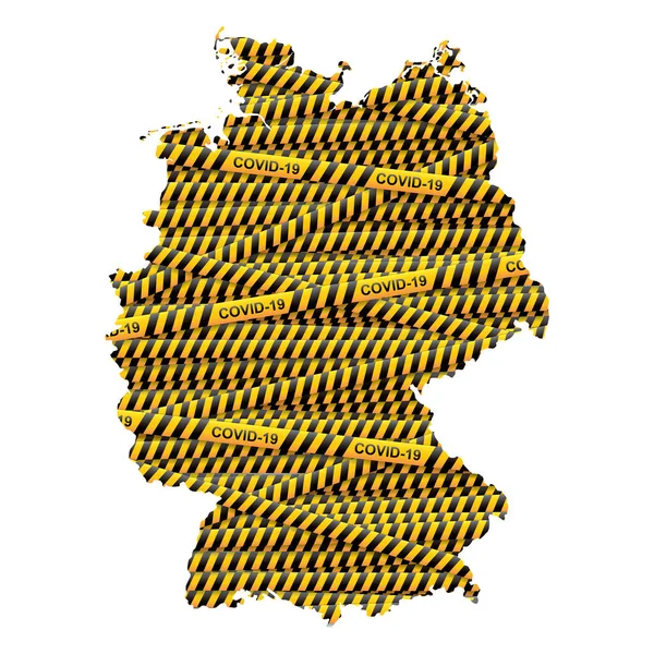 Карта Германии Заполнена Предупреждающими Коронавирусными Желтыми Черными Полосами — стоковый вектор