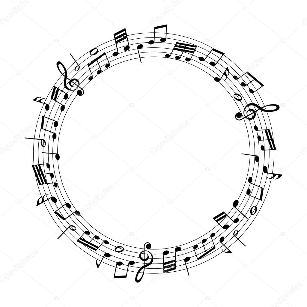 round frame with music notes on white background
