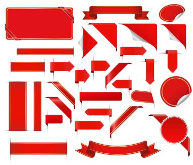 Farklı kırmızı bayraklar, kurdeleler, çıkartmalar ve diğer vektör tasarım elementleri.