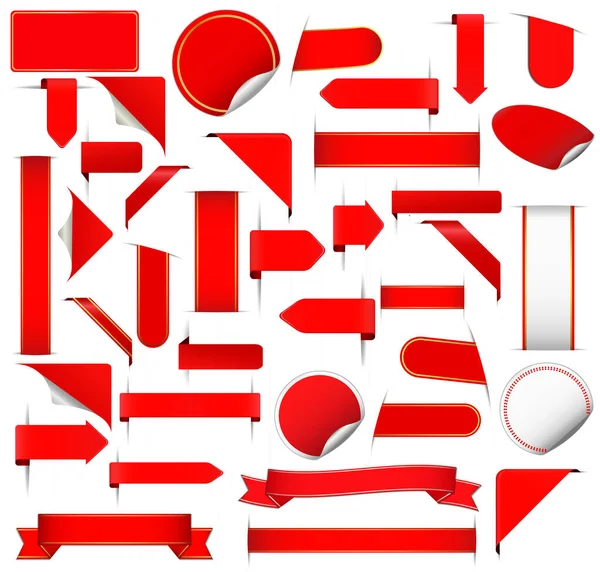 Ensemble Différentes Bannières Rouges Rubans Autocollants Autres Éléments Conception Vectorielle — Image vectorielle