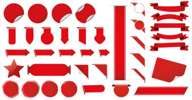 Farklı kırmızı bayraklar, kurdeleler, çıkartmalar ve diğer vektör tasarım elementleri.