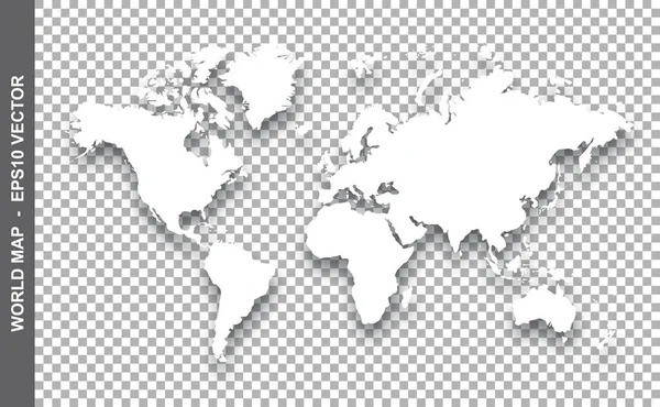 Biała Mapa Świata Cieniem Przejrzystym Tle — Wektor stockowy
