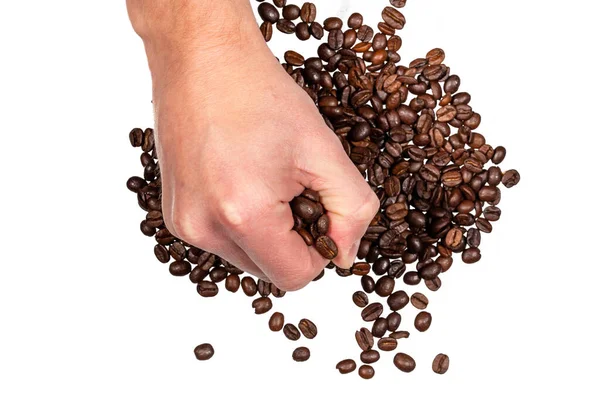 Kaffeebohnen Der Hand Isoliert Auf Weißem Hintergrund — Stockfoto