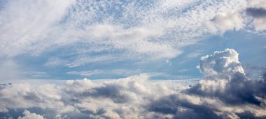 Mavi gökyüzü ve beyaz bulutlar. Gökyüzünün doğa arkaplanı