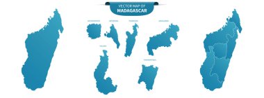 Madagaskar 'ın mavi renkli siyasi haritaları beyaz arka planda izole edildi