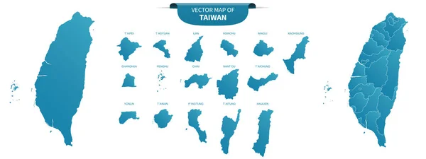 Mapas Políticos Color Azul Taiwán Aislados Sobre Fondo Blanco — Vector de stock