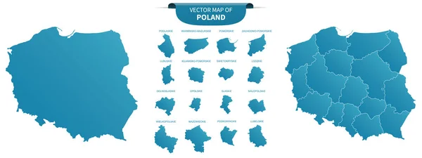 Polonya Nın Mavi Renkli Siyasi Haritaları Beyaz Arka Planda Izole — Stok Vektör