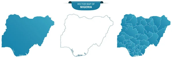 Blaue Politische Landkarten Von Nigeria Isoliert Auf Weißem Hintergrund — Stockvektor