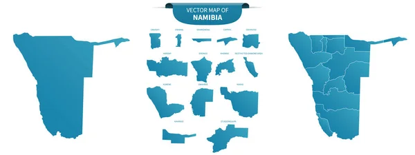 Nambia Nın Beyaz Arkaplanda Izole Edilmiş Mavi Renkli Siyasi Haritaları — Stok Vektör