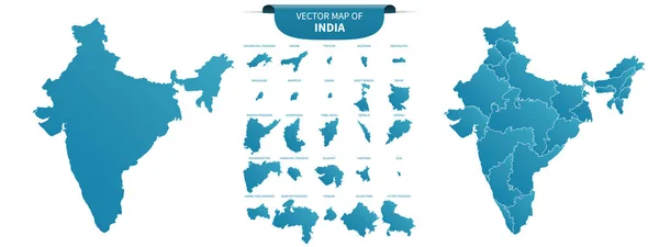 在白色背景上孤立的蓝色印度政治地图 — 图库矢量图片