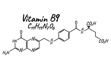 Vitamin B9 etiket ve simge. Kimyasal formülü ve yapısı Logo. Vektör çizim.
