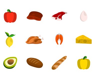 Et, meyve, fındık ve sebze kümesi. Gıda simgesi. Çizgi film vektör çizim.