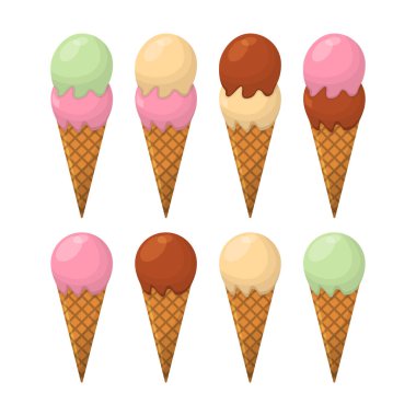 Dondurma karikatür simge kümesi. Yaz dondurma Logo ve dondurma dükkanı için etiket. Vektör çizim.