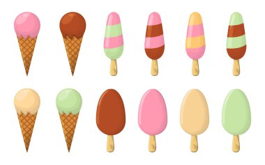 Dondurma karikatür simge kümesi. Yaz dondurma Logo ve dondurma dükkanı için etiket. Vektör çizim.