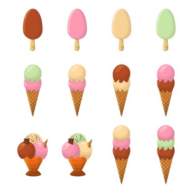 Dondurma karikatür simge kümesi. Yaz dondurma Logo ve dondurma dükkanı için etiket. Vektör çizim.